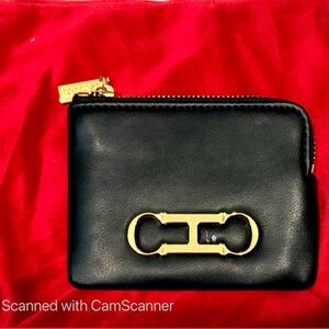 Black Leather CH Zip Card Wallet with Gold Hardware